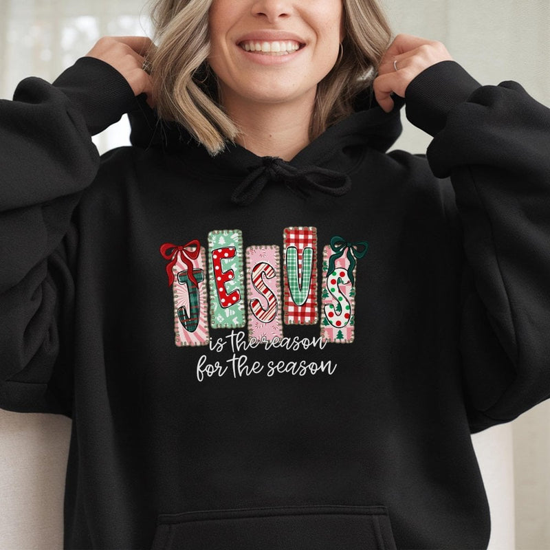 Plaid Bow Christian Christmas Sweatshirt, Jesus Is the Reason for the Season Hoodie, Faith Holiday Pullover, Womens Xmas Hoodie