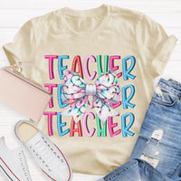 Festive Holiday Coquette Bow Shirt, Christmas Teacher Bow T-Shirt, Adorable Christmas Teacher Graphic Tee, Merry Xmas Educator Top