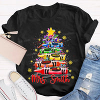 Custom Name Holiday Shirt, Personalized Christmas Tree T-Shirt, Colorful Crayon Snowflake Graphic Tee, Kids Family Christmas Tee