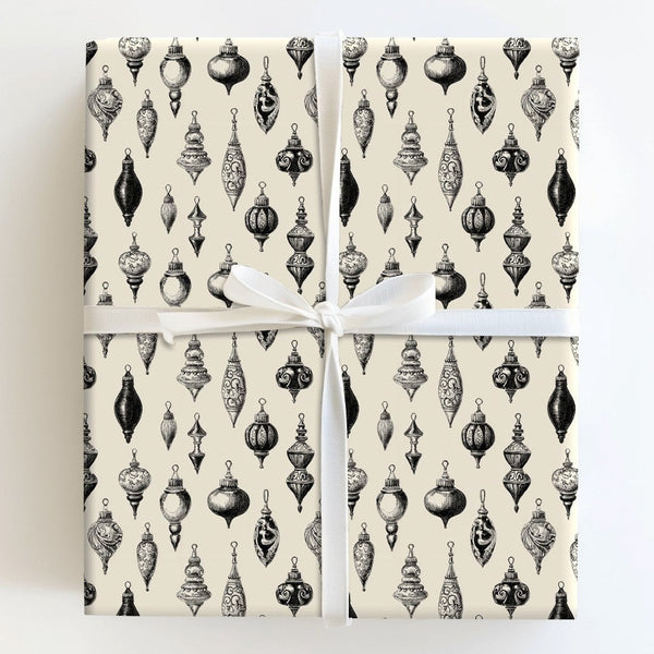Black Ink Ornament Gift Wrap, Monochrome Vintage Christmas Wrapping Paper, Retro Baubles Wrapping Paper Roll, Holiday Gift Wr