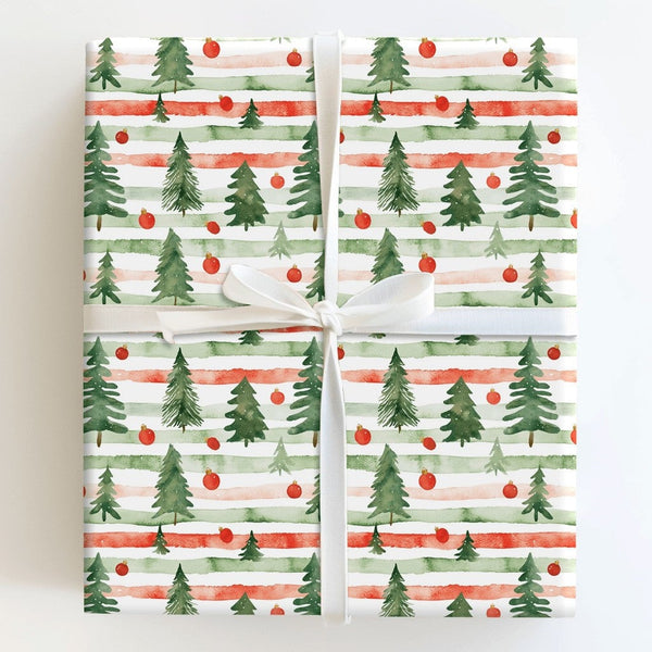 Striped Pine Tree Gift Wrap, Watercolor Christmas Tree Wrapping Paper, Red Green Holiday Wrapping Paper, Festive Winter Prese
