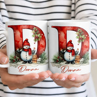 Personalized Initial D Winter Scene Coffee Cup, Christmas Snowman Monogram Mug, Festive Holiday Tea Mug, Ceramic Xmas Present for Her