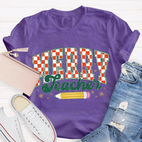 Holiday Educator Graphic Tee, Plaid Pencil Merry Teacher Christmas T-Shirt, Adorable Winter School Teacher Shirt, Christmas Teacher Present