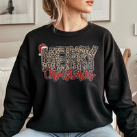 Santa Hat Holiday Sweatshirt, Merry Christmas Leopard Print Sweatshirt, Retro Xmas Leopard Crewneck, Festive Winter Pullover Present