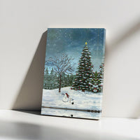 Snowy Christmas Tree Scene Print, Christmas Snowman Winter Landscape Canvas Wall Art, Holiday Christmas Wall Art, Art Digital Download