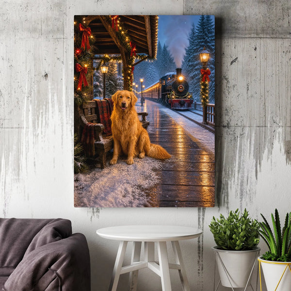 Snowy Train Station Poster, Golden Retriever Christmas Canvas Art, Vintage Steam Engine Print, Winter Dog Wall Art Digital Do