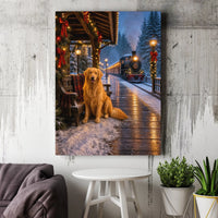 Snowy Train Station Poster, Golden Retriever Christmas Canvas Art, Vintage Steam Engine Print, Winter Dog Wall Art Digital Download