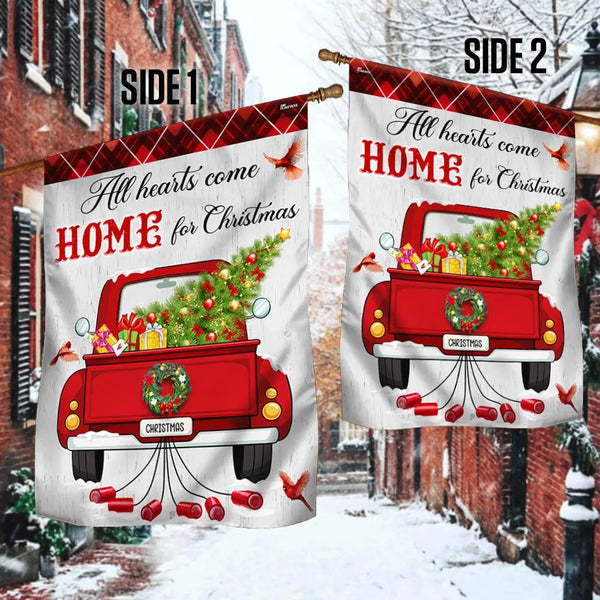Red Vintage Truck Wreath Flag, All Hearts Come Home for Christmas Garden Flag, Double Sided Holiday Yard Flag, Farmhouse Xmas