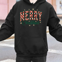 Checkered Varsity Christmas Sweatshirt, Merry Christmas Hoodie, Retro Holiday Hooded Pullover, Xmas Graphic Hoodie