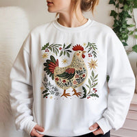 Folk Art Rooster Graphic Holiday Sweater, Christmas Chicken Sweatshirt, Comfy Country Farmhouse Crewneck, Winter Farmer Pullover