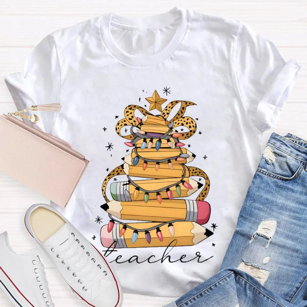 Adorable Holiday Educator Shirt, Christmas Light Pencils Teacher T-Shirt, Festive School Teacher Christmas Tee, Winter Holida
