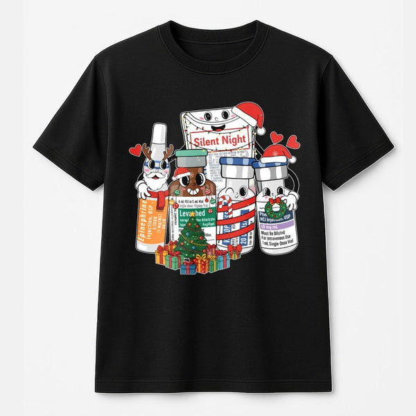Medication Vial Graphic Tee, Silent Night Medical Christmas T-Shirt, Humorous Nurse Holiday Shirt, Doctor Pharmacy Healthcare