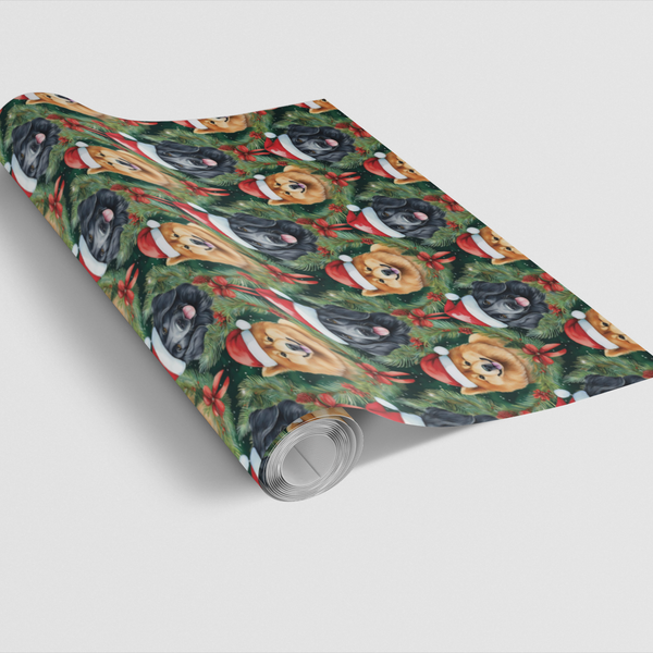 Christmas Dog Wreath Gift Wrap, Flat-Coated Retriever and Shiba Inu Wrapping Paper, Adorable Puppy Holiday Wrapping Paper, Pe