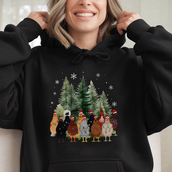 Adorable Holiday Farm Animal Sweatshirt, Christmas Chicken Hoodie, Xmas Chicken Mom Pullover, Farmer Present Sweater, Holiday