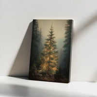 Glowing Pine Woodland Wall Art, Christmas Tree Forest Canvas, Misty Winter Forest Canvas Print, Enchanted Holiday Tree Decor