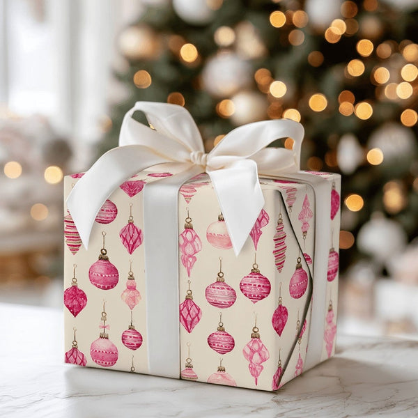 Watercolor Bauble Gift Wrap, Pink Christmas Ornament Wrapping Paper, Vintage Pink Holiday Wrapping Paper, Pastel Christmas Pa