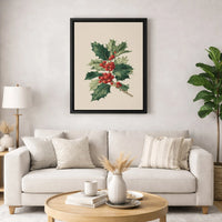 Vintage Christmas Floral Poster, Holly Berry Botanical Wall Art, Winter Holiday Branch Print, Festive Room Decor, Digital Download