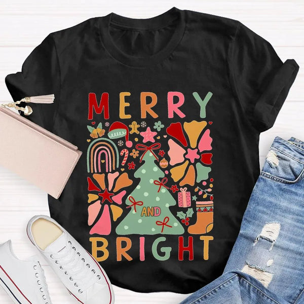 Festive Holiday Graphic Tee, Merry and Bright Christmas Trees T-Shirt, Adorable Winter Tree Shirt, Christmas Season Unisex Ap