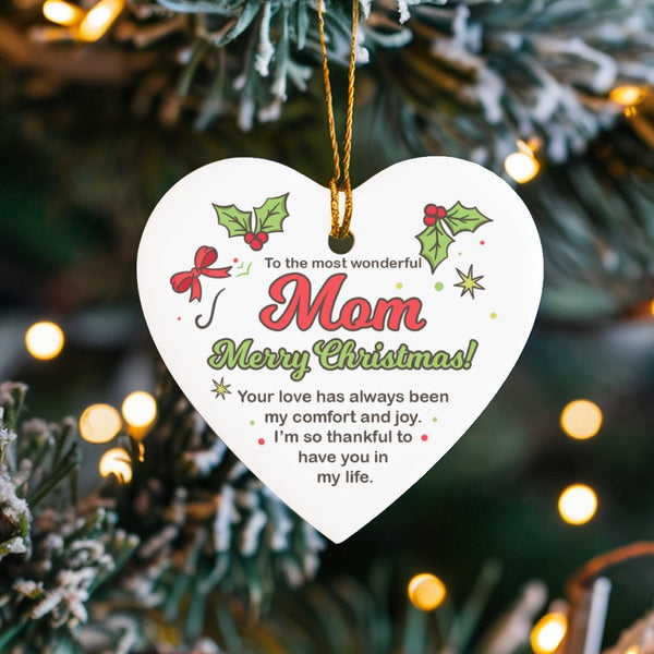 Ceramic Keepsake Holiday Ornament, Merry Christmas Mom Heart Ornament, White Ceramic Christmas Tree Ornament, Meaningful Pres