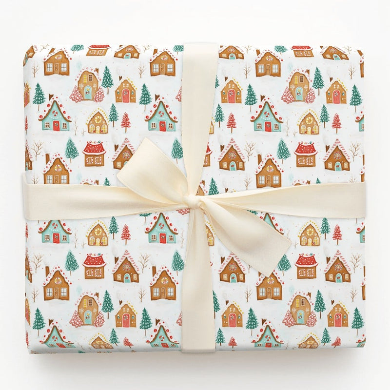 Watercolor Winter Town Gift Wrap, Gingerbread House Village Wrapping Paper, Festive Christmas Paper Roll, Adorable Holiday Wrapping Paper