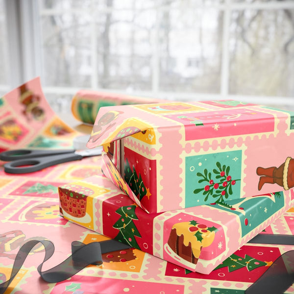 Vintage Postage Stamp Gift Wrap, Retro Christmas Stamp Wrapping Paper, Holiday Stamp Gift Wrapping Paper, Classic Christmas W