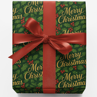 Merry Christmas Script Gift Wrap, Victorian Holly Wrapping Paper, Vintage Holiday Wrapping Paper, Traditional Xmas Gift Wrap Roll