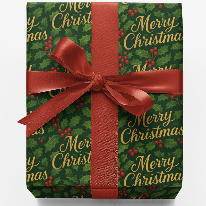 Merry Christmas Script Gift Wrap, Victorian Holly Wrapping Paper, Vintage Holiday Wrapping Paper, Traditional Xmas Gift Wrap Roll