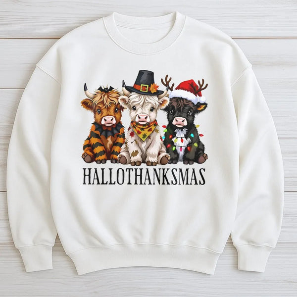 Adorable Holiday Crewneck, Highland Cow Christmas Sweatshirt, Festive Hallothanksmas Sweatshirt, Humorous Winter Pullover, An
