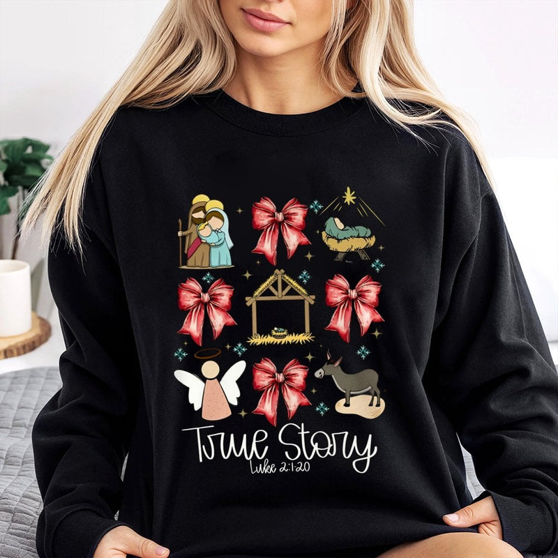 Coquette Bow Christian Christmas Sweatshirt, True Story Nativity Sweatshirt, Faith Holiday Crewneck, Religious Jesus Xmas Sweater