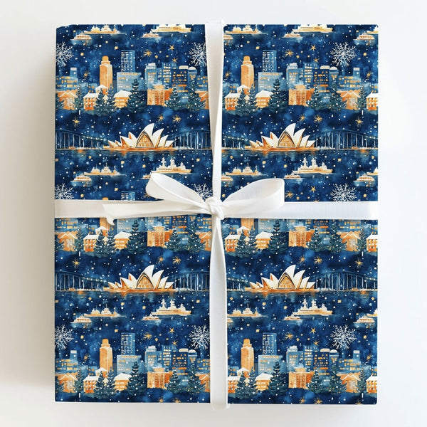 Opera House Skyline Gift Wrap, Sydney Christmas Wrapping Paper, Australian Harbour Bridge Wrapping Paper, Navy Blue Holiday G