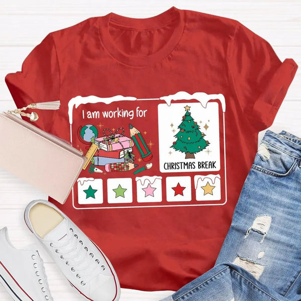 Stars and Christmas Tree Graphic Tee, Working for Christmas Break Shirt, Humorous Teacher Holiday T-Shirt, Christmas Break Pr