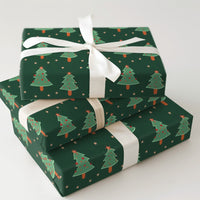 Pine Tree and Stars Gift Wrap, Dark Green Christmas Tree Wrapping Paper, Festive Holiday Wrapping Paper, Adorable Seasonal Xmas Gift Wrap Roll