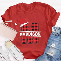 Custom Name Buffalo Plaid Holiday Graphic Tee, Personalized Plaid Christmas T-Shirt, Matching Family Xmas Shirt, Christmas Eve Present