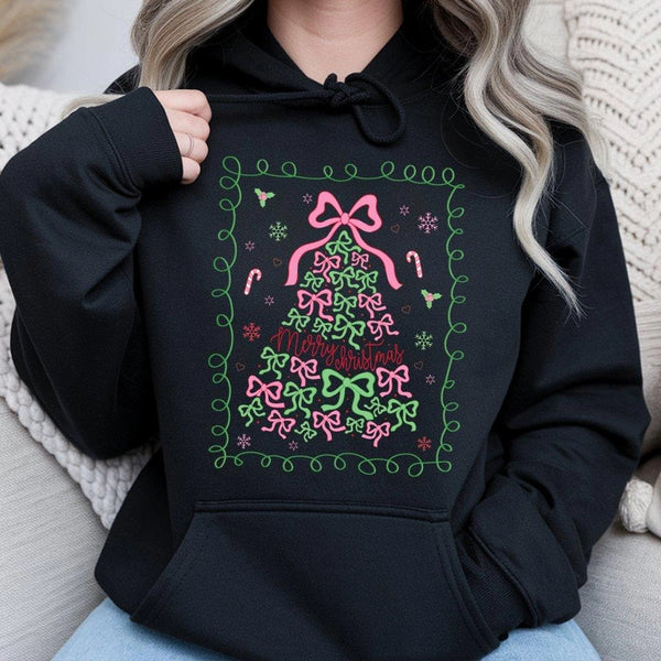 Pink Bow Aesthetic Winter Hoodie, Coquette Christmas Tree Hoodie, Merry Christmas Hooded Pullover, Adorable Holiday Girls Gra