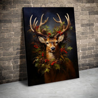 Holly and Pinecone Wreath Canvas, Majestic Deer Christmas Wall Art, Festive Winter Stag Canvas Print, Rustic Holiday Living Room Decor