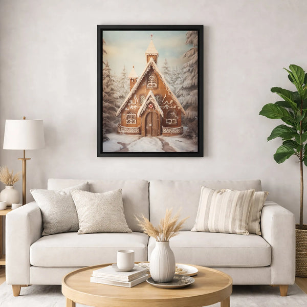 Snowy Winter Forest Canvas Print, Gingerbread House Church Canvas Wall Art, Holiday Landscape Canvas, Christmas Church Wall D