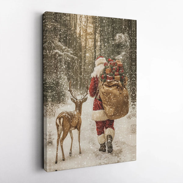 Snowy Forest Reindeer Canvas Print, Santa Claus Wall Art Canvas, Christmas Holiday Wall Decor, Winter Santa Canvas, Festive H