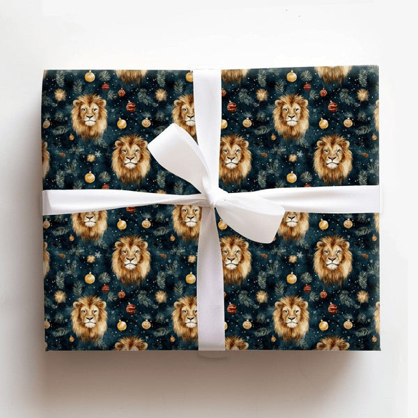Dark Teal Holiday Gift Wrap, Watercolor Lion Christmas Wrapping Paper, Wild Animal Xmas Wrapping Paper, Festive Baubles Chris