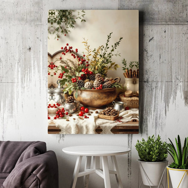 Winter Red Berry Still Life Canvas Print, Rustic Christmas Pinecone Canvas Art, Farmhouse Holiday Wall Art, Festive Seasonal 