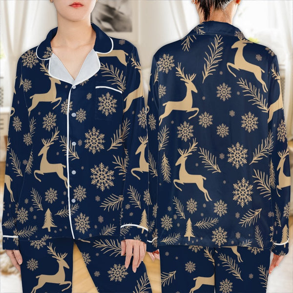 Navy Blue Snowflake Pajamas, Christmas Reindeer Satin Pajama Set, Winter Holiday Sleepwear Set, Christmas Pajama Loungewear P