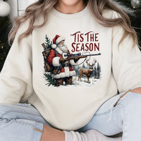 Deer Hunter Christmas Sweater, Tis the Season Santa Hunting Sweatshirt, Humorous Bow Hunting Crewneck, Outdoor Holiday Pullover Present