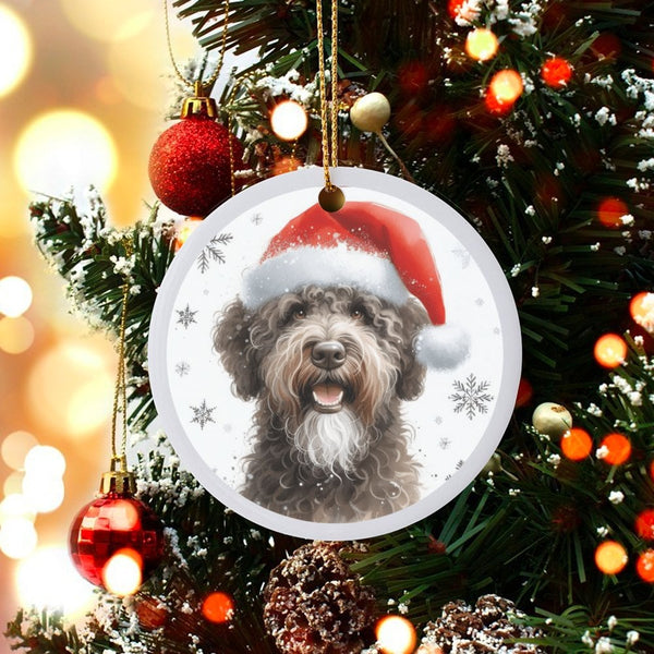 Santa Hat Doodle Puppy Tree Keepsake, Bernedoodle Christmas Ceramic Ornament, Dog Lover Holiday Tree Decor, Pet Xmas Present