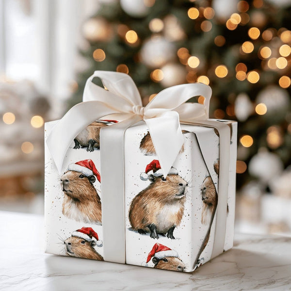 Adorable Santa Hat Capybara Gift Wrap, Christmas Capybara Wrapping Paper, Watercolor Animal Holiday Wrapping Paper, Xmas Pres