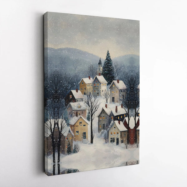 Alpine Town Landscape Canvas Print, Winter Village Snowy Mountain Canvas Wall Art, Comfy Holiday Poster, Christmas Digital Do