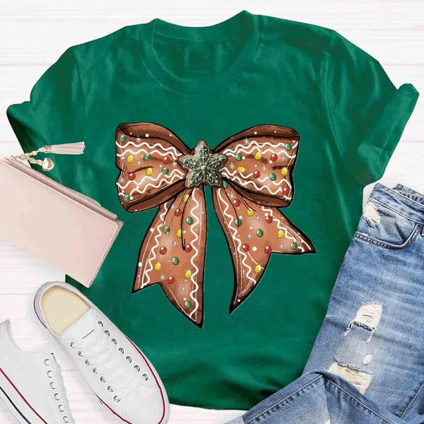 Adorable Holiday Gingerbread Tee, Christmas Gingerbread Bow T-Shirt, Retro Christmas Graphic Shirt, Festive Xmas Tee, Holiday