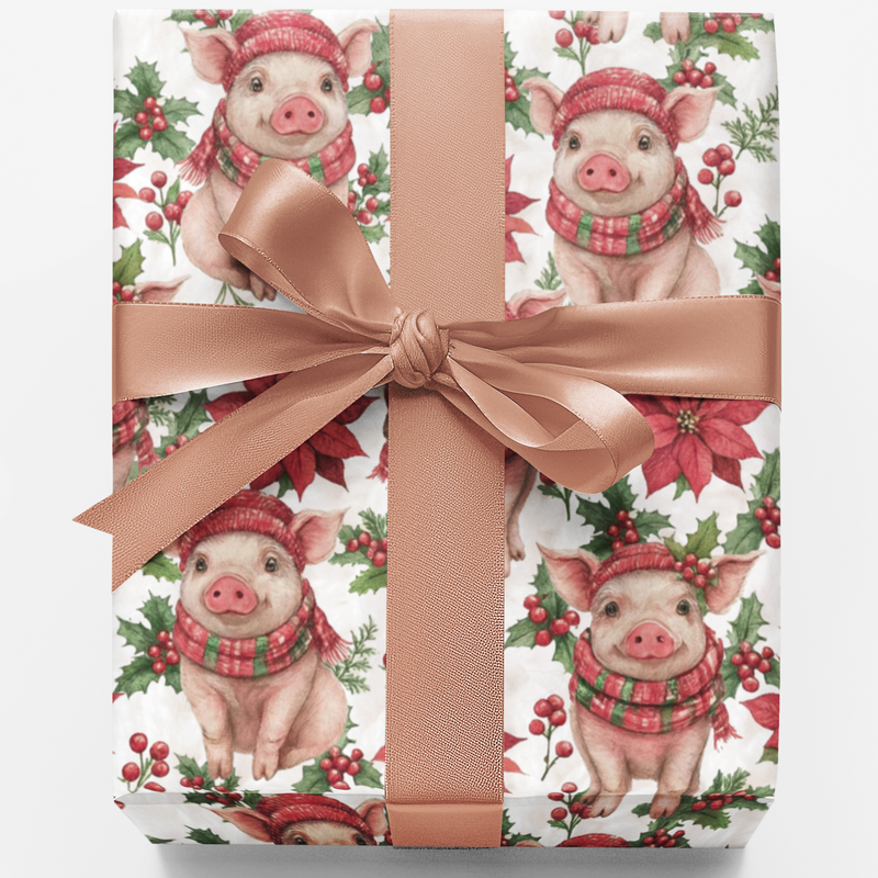 Adorable Pig Poinsettia Gift Wrap, Piglet Joy Christmas Wrapping Paper, Whimsical Farm Animal Paper Roll, Festive Holiday Gift Wrapping Paper
