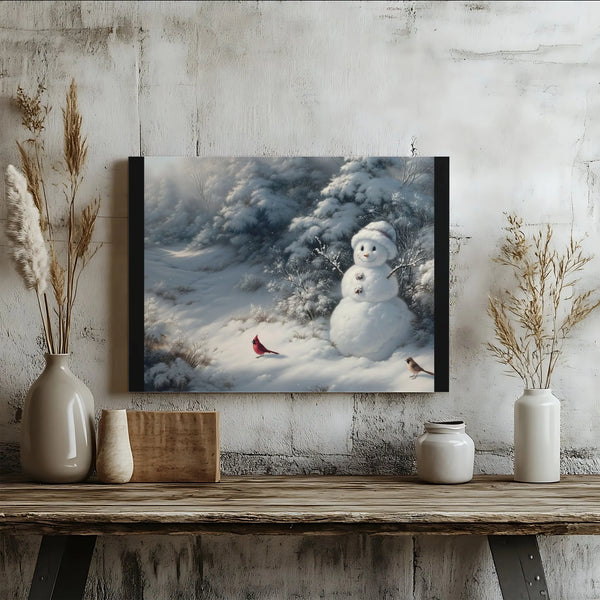 Winter Forest Canvas Print, Snowman with Cardinal Canvas Wall Art, Snowy Holiday Wall Canvas, Christmas Seasonal Decor, Winte