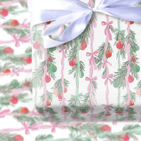 Watercolor Garland Gift Wrap, Christmas Wrapping Paper, Pink and Green Bows Holiday Gift Wrap Paper, Festive Present Wrapping Paper