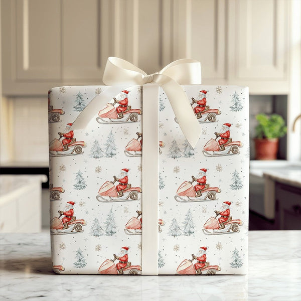 Whimsical Holiday Gift Wrap Paper, Santa Snowmobile Christmas Wrapping Paper, Watercolor Winter Wrapping Paper, Festive Xmas 