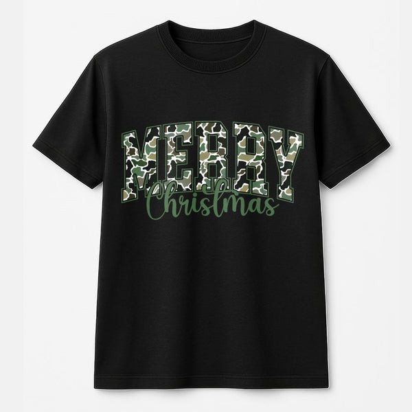 Camo Christmas Shirt, Camo Merry Christmas T-Shirt, Woodland Camo Holiday Tee, Hunting Christmas Graphic Shirt, Outdoor Hunte